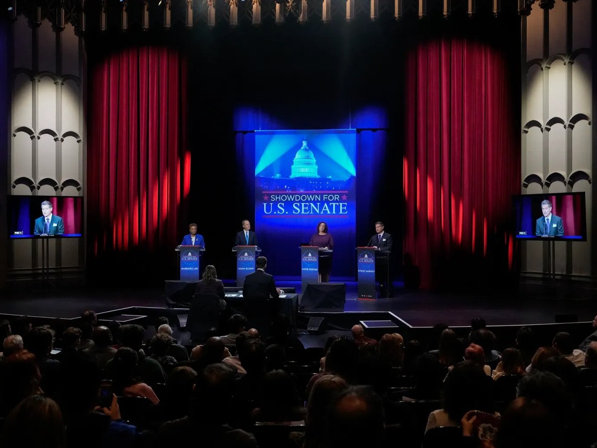 U.S. Senate candidates, from left, Reps. Barbara Lee, Adam Schiff and Katie Porter, and Republican Steve Garvey stand on stage during a televised debate in Los Angeles on Jan. 22, 2024.