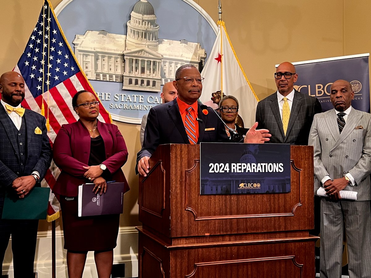 Assemblymember Reggie Jones-Sawyer, D-Los Angeles, speaks about a package of reparations legislation at a press conference at the state Capitol on Wednesday, Feb. 21, 2024.