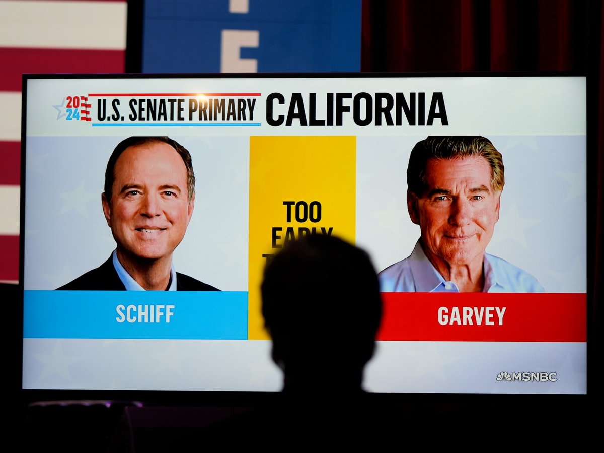 Photos of U.S. Rep. Adam Schiff, D-Calif., at left, a U.S Senate candidate, and his Republican opponent Steve Garvey flash on a television screen during an election night party for Schiff, Tuesday, March 5, 2024, in Los Angeles.