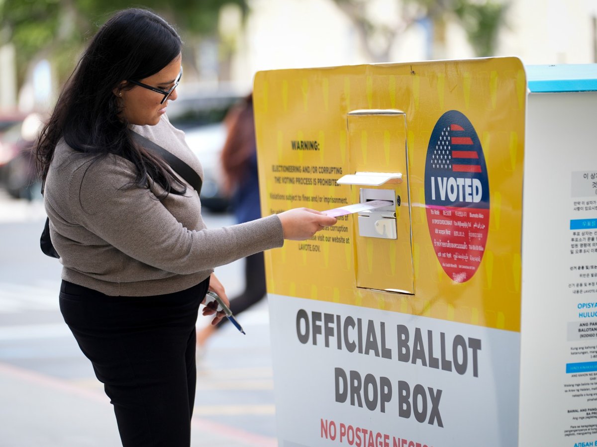 A ballot is dropped off on Election Day at the Registrar of Voters office, Tuesday, March 5, 2024, in Norwalk, Calif.