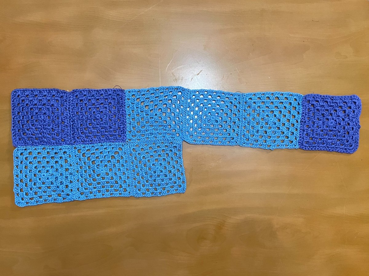 Crochet granny squares representing January and February's average temperatures in Sacramento, produced as part of CapRadio's temperature blanket.
