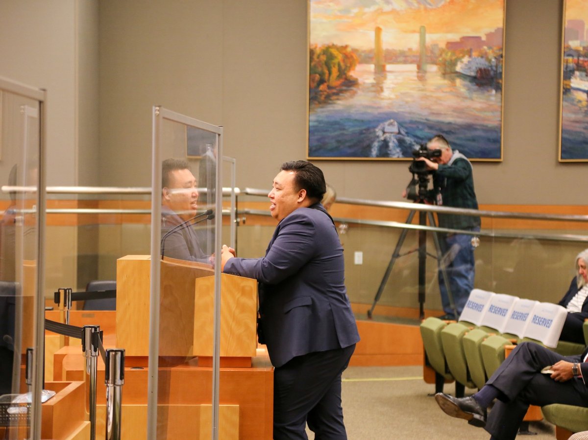 Shoun Thao, executive director of Hmong Youth and Parents United, speaks at a Sacramento City Council meeting on Tuesday, March 26, 2024. At the same meeting, council members unanimously voted to appoint him to the vacant District 2 seat.