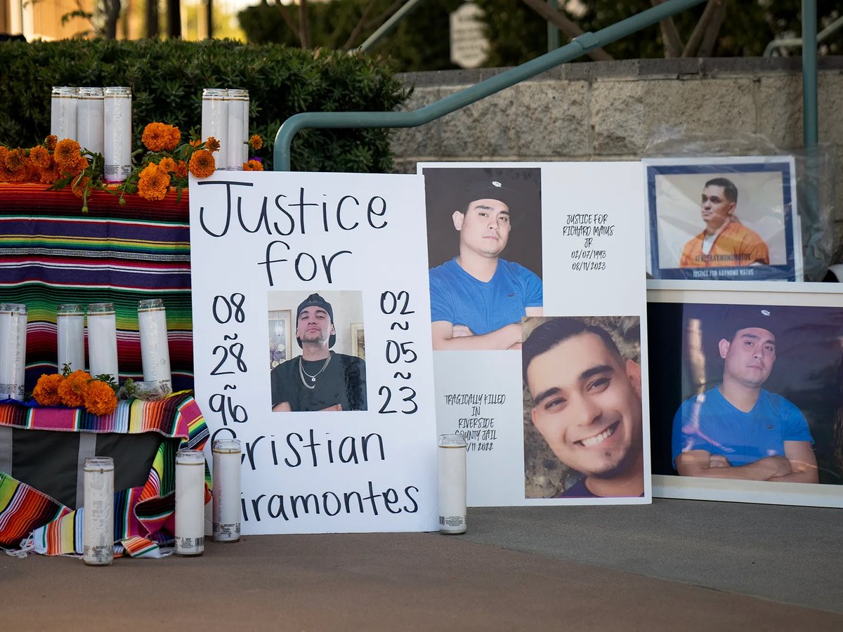 A Dia de los Muertos altar outside the John F. Tavaglione Executive Annex in Riverside county in honor of those killed in the custody of Riverside Sheriff's Department deputies, on Oct. 31, 2023.