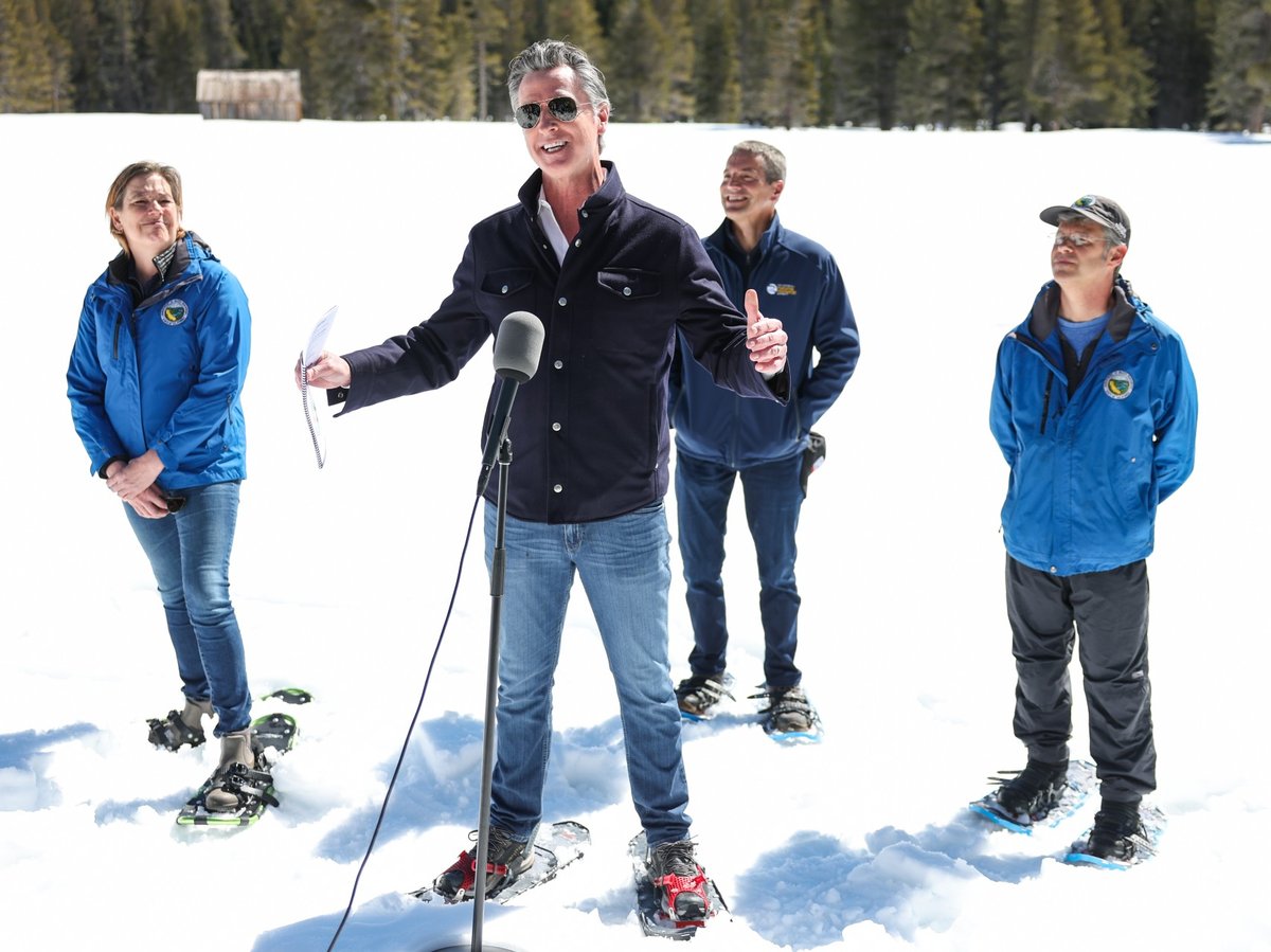 Gov. Gavin Newsom speaks to news media after the fourth media snow survey of the 2024 season at Phillips Station in the Sierra Nevada on Tuesday, April 2, 2024.