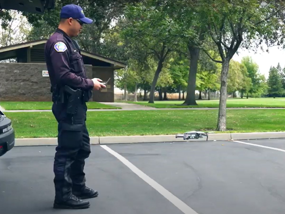 A member of the Elk Grove Police Department demonstrates the use of a drone for a EGPD YouTube video.