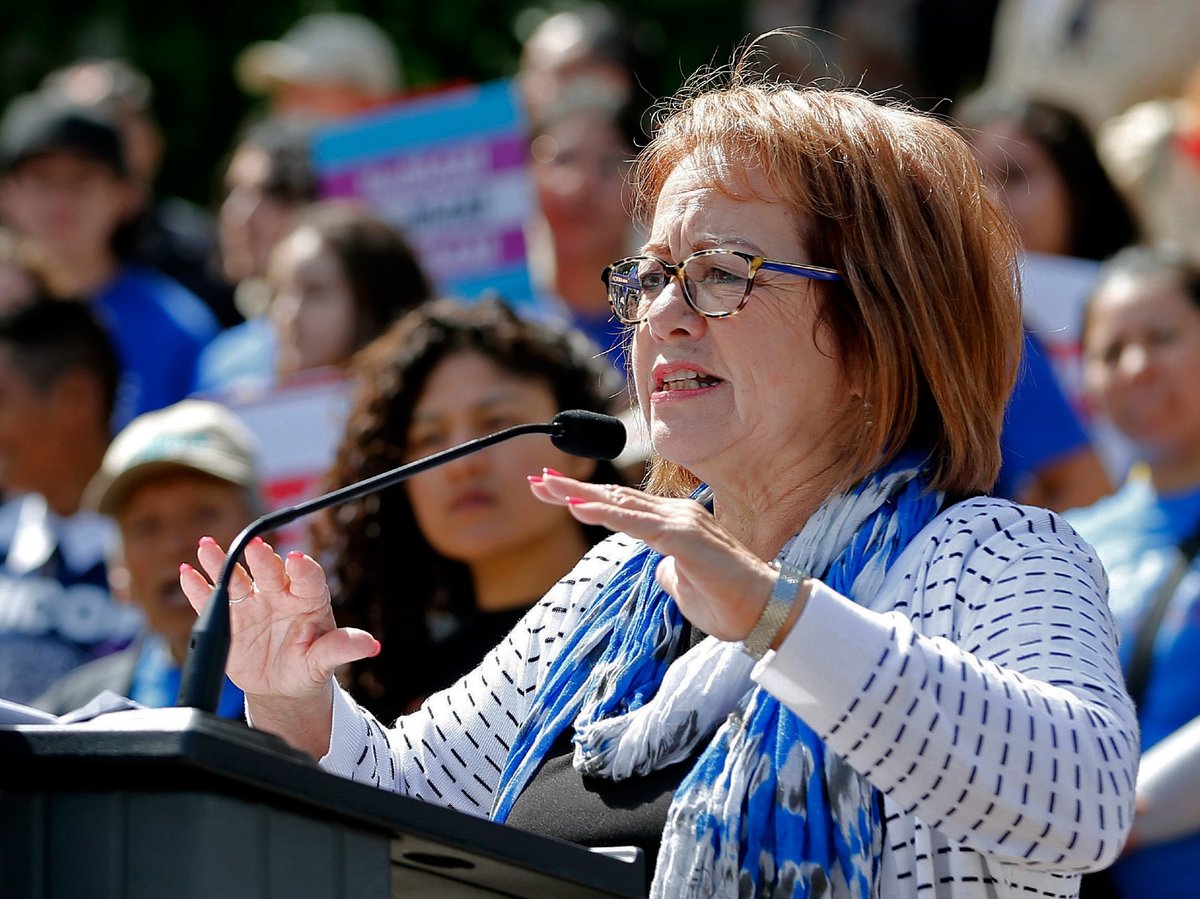 State Sen. Maria Elena Durazo, D-Los Angeles, addresses a gathering in Sacramento, Calif., May 20, 2019.