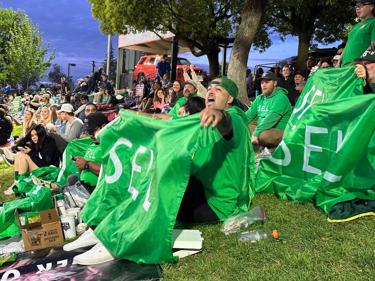 Oakland A's fans protest the team's upcoming move to Sacramento at a River Cats game at Sutter Health Park in West Sacramento April 27, 2024.