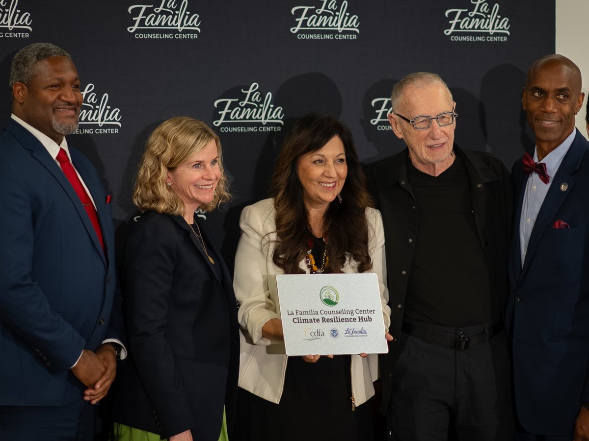 From left: Julius Austin of SHRA, Alexis Pelosi of HUD, Rachel Rios of La Familia, Richard Brandsma of La Familia, and Dr. Michael Huff of HUD at an event recognizing La Familia as a climate resilience hub May 6, 2024.