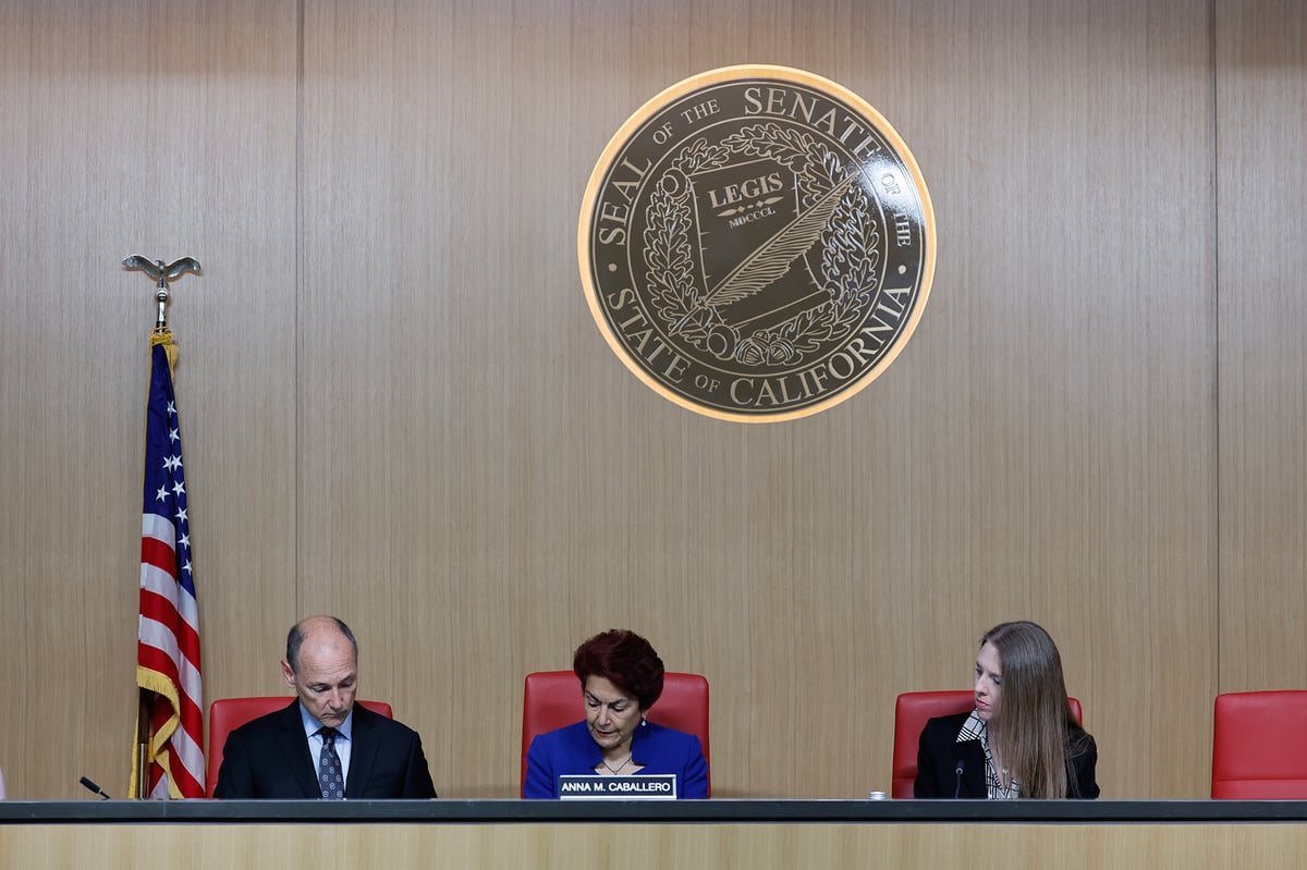 Sen. Anna Caballero, center, presides over the Senate appropriations committee ‘suspense file’ hearing at the Capitol Annex Swing Space in Sacramento on May 16, 2024.