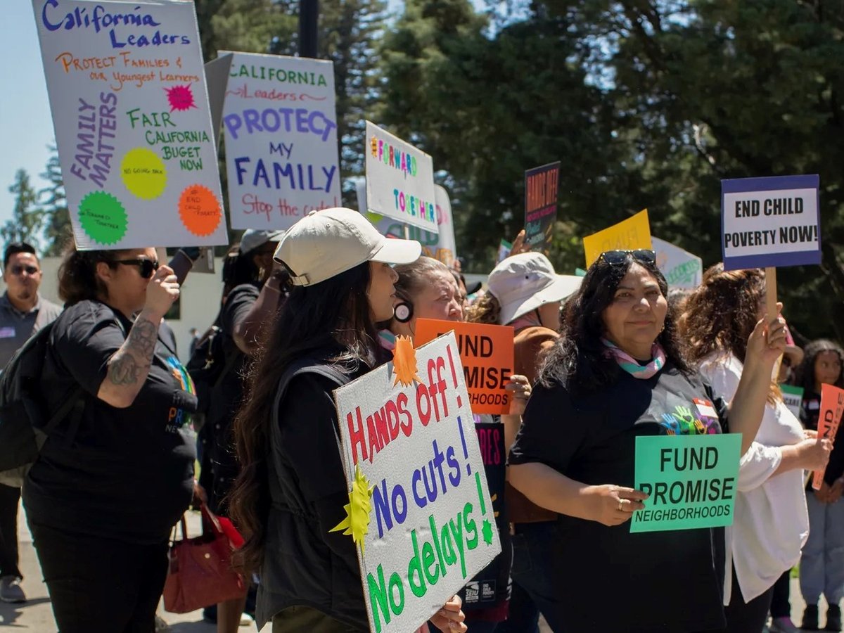 Service Employees International Union California and youth advocates rallied at the state Capitol in Sacramento to protest proposed budget cuts on May 15, 2024.