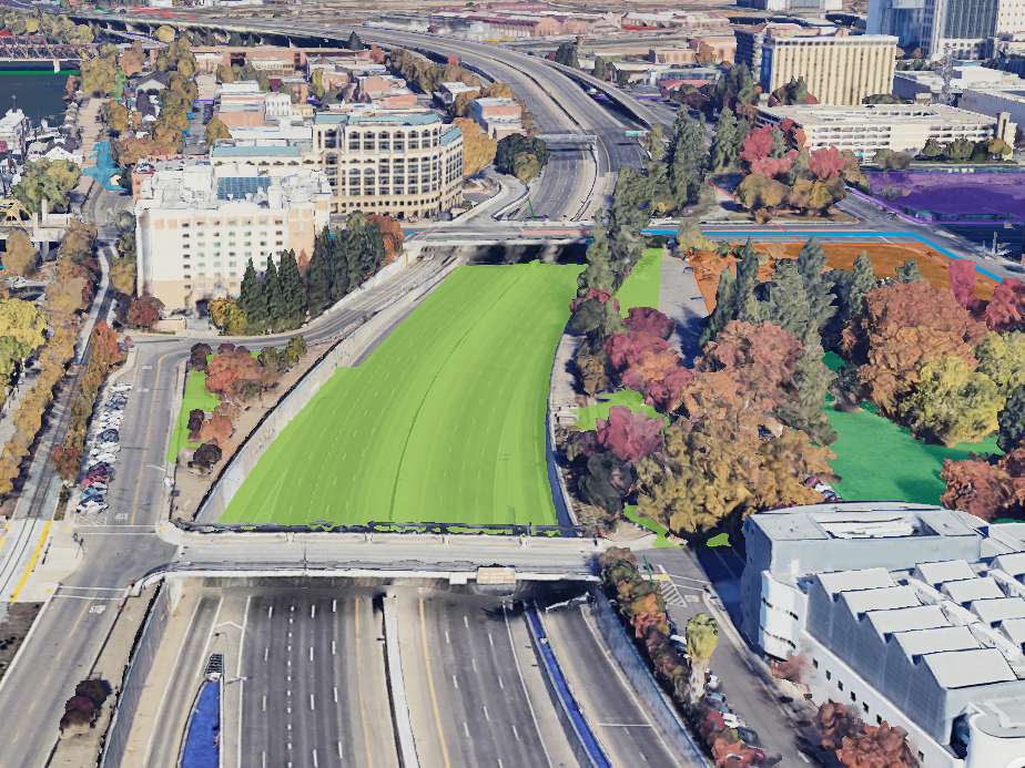 A rendering of a proposed park that would connect downtown Sacramento with the riverfront by covering a portion of Interstate 5.