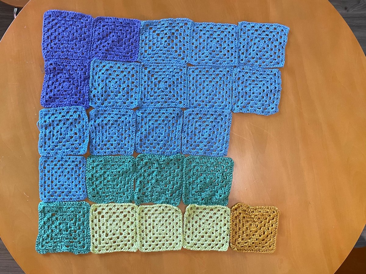 Crochet granny squares representing January through May average temperatures in Sacramento, produced as part of CapRadio's temperature blanket.
