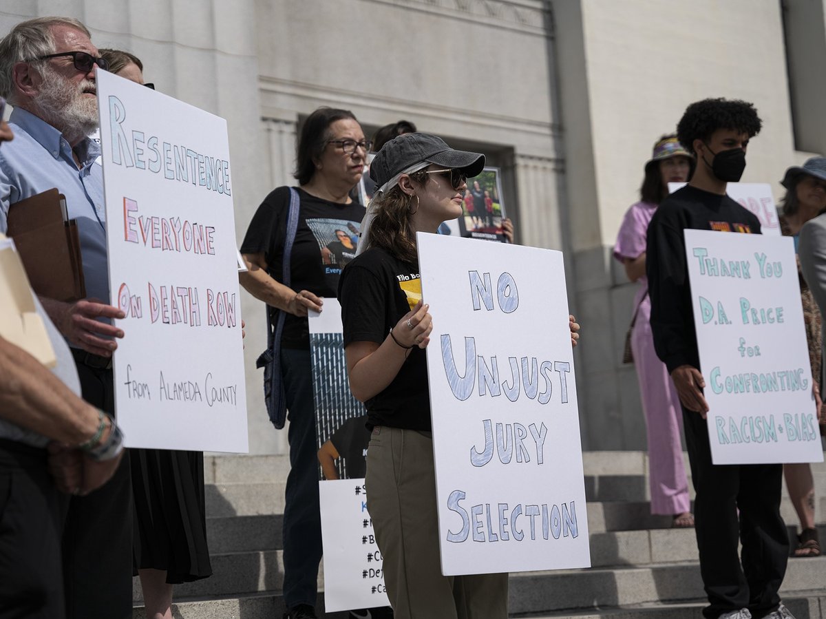 Local Leaders gather at the René C. Davidson Courthouse in Oakland on June 18, 2024, to call for the Alameda County district attorney to resentence all death penalty cases in the county.