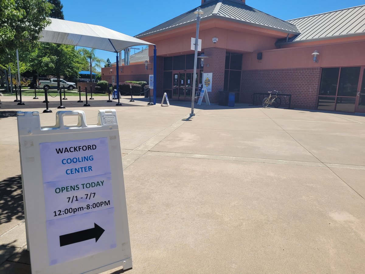 A sign points to the cooling center at Wackford Community Center in Elk Grove, Calif. on July 2, 2024.