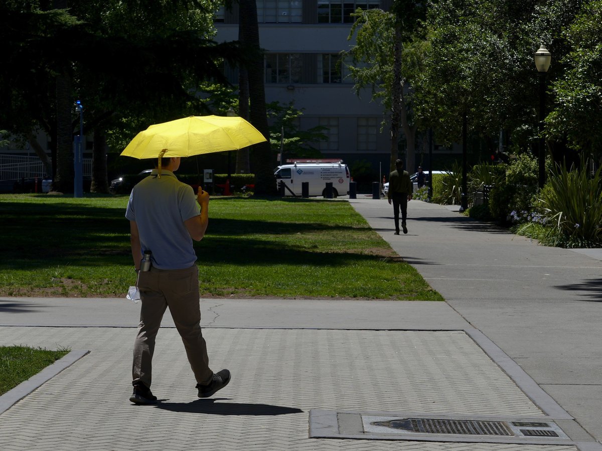 A man shields himself from the sun in Sacramento, Calif., Tuesday, July 2, 2024.