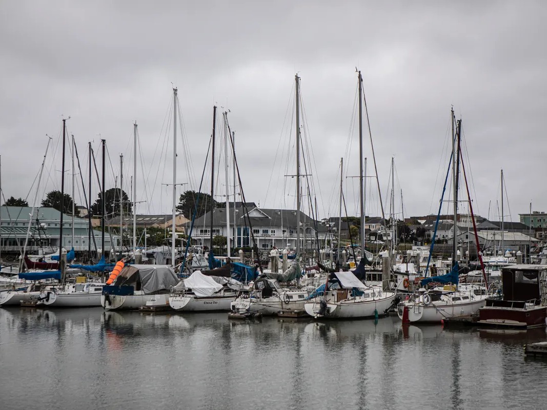 Boats are docked in Humboldt Bay in Eureka. Ocean waters 20 miles off this coast have been leased to energy companies for offshore wind platforms.
