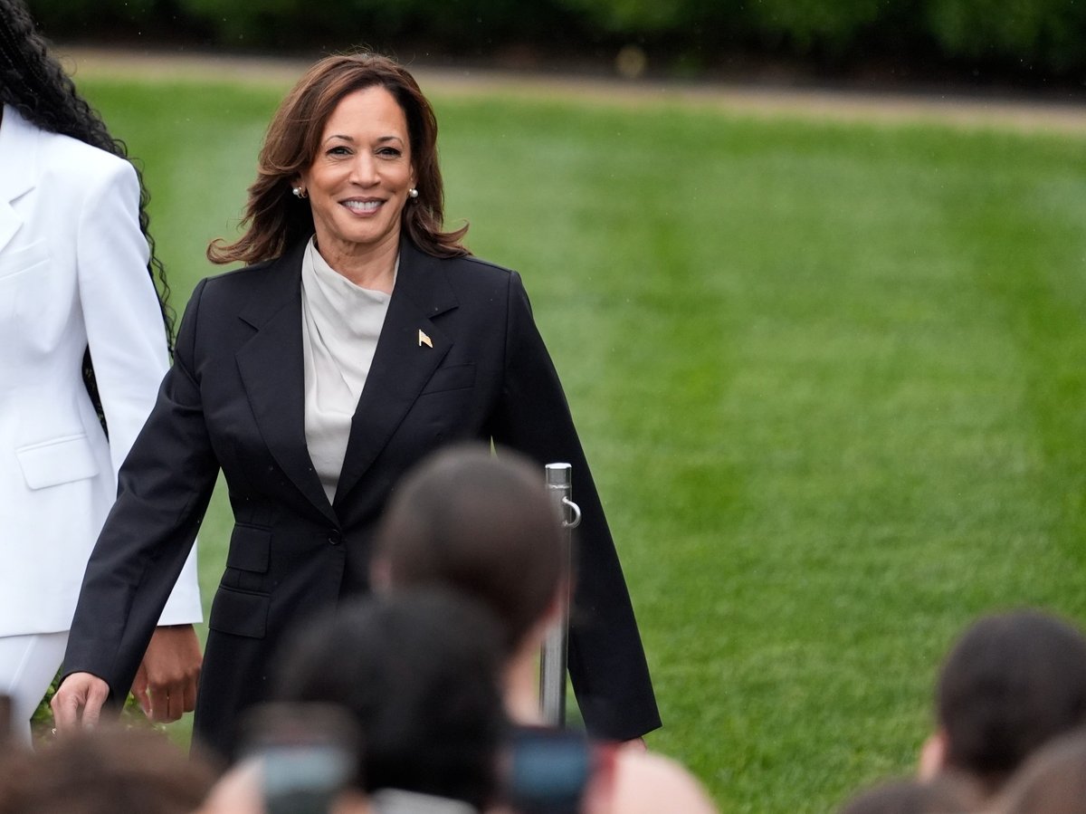 Vice President Kamala Harris arrives to speak from the South Lawn of the White House in Washington, Monday, July 22, 2024, during an event with NCAA college athletes.