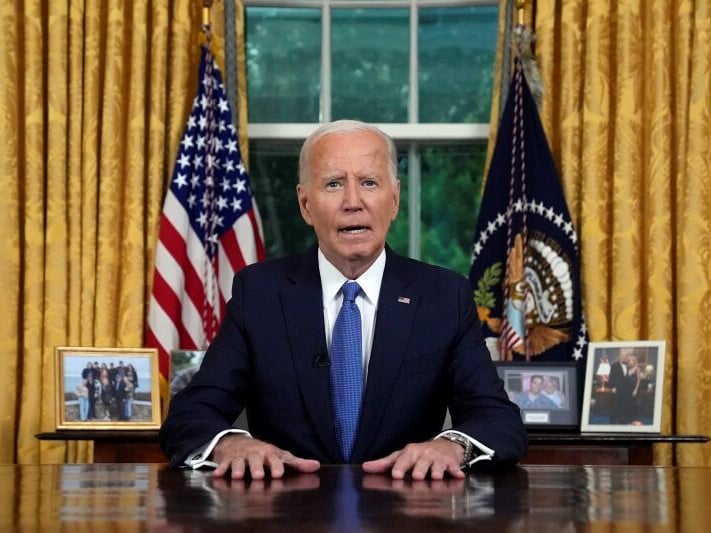 President Joe Biden addresses the nation from the Oval Office of the White House in Washington, Wednesday, July 24, 2024, about his decision to drop his Democratic presidential reelection bid.