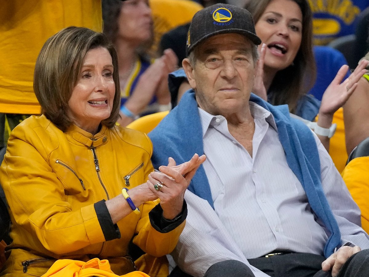 Rep. Nancy Pelosi, D-Calif., left, and her husband, Paul, watch during Game 4 in the first round of the NBA basketball playoffs between the Golden State Warriors and the Sacramento Kings in San Francisco, April 23, 2023.