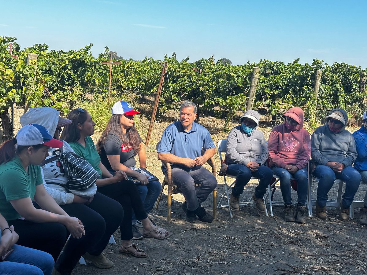 Xavier Becerra meets with farmworkers in Clarksburg, Calif. on Aug. 6, 2024.
