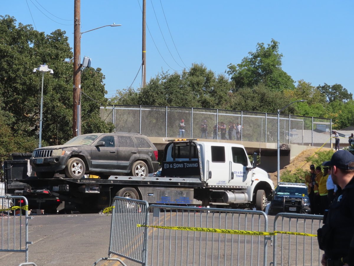 A Jeep Grand Cherokee gets towed from Camp Resolution on Monday, Aug. 26, 2024, in Sacramento.