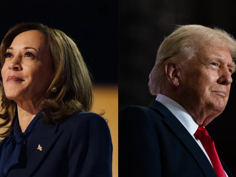 Left: Vice President Harris delivers a speech at the Democratic National Convention in Chicago on Aug. 22, 2024. Right: U.S. Republican presidential nominee former President Donald Trump arrives to speak during a rally.
