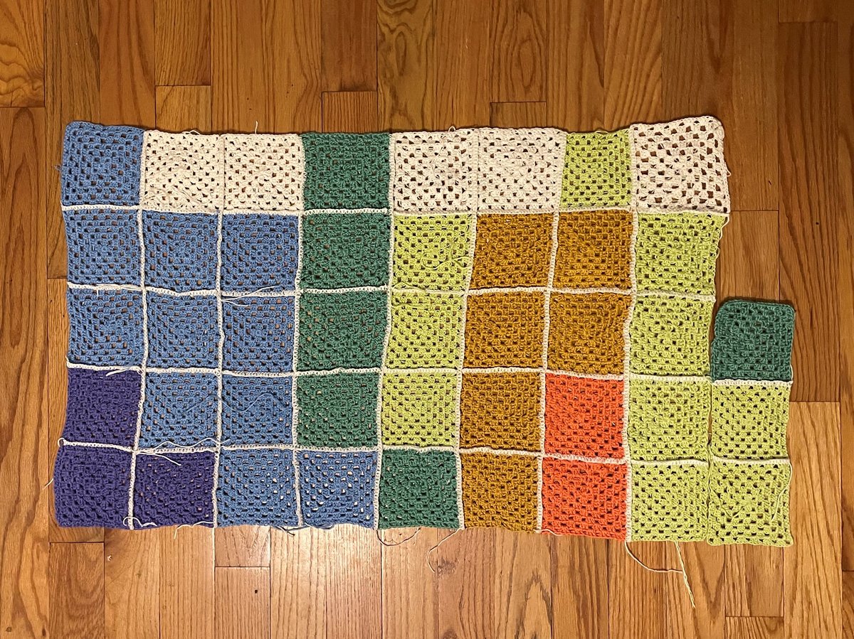 Crochet granny squares representing January through September average temperatures in Sacramento, produced as part of CapRadio's temperature blanket.