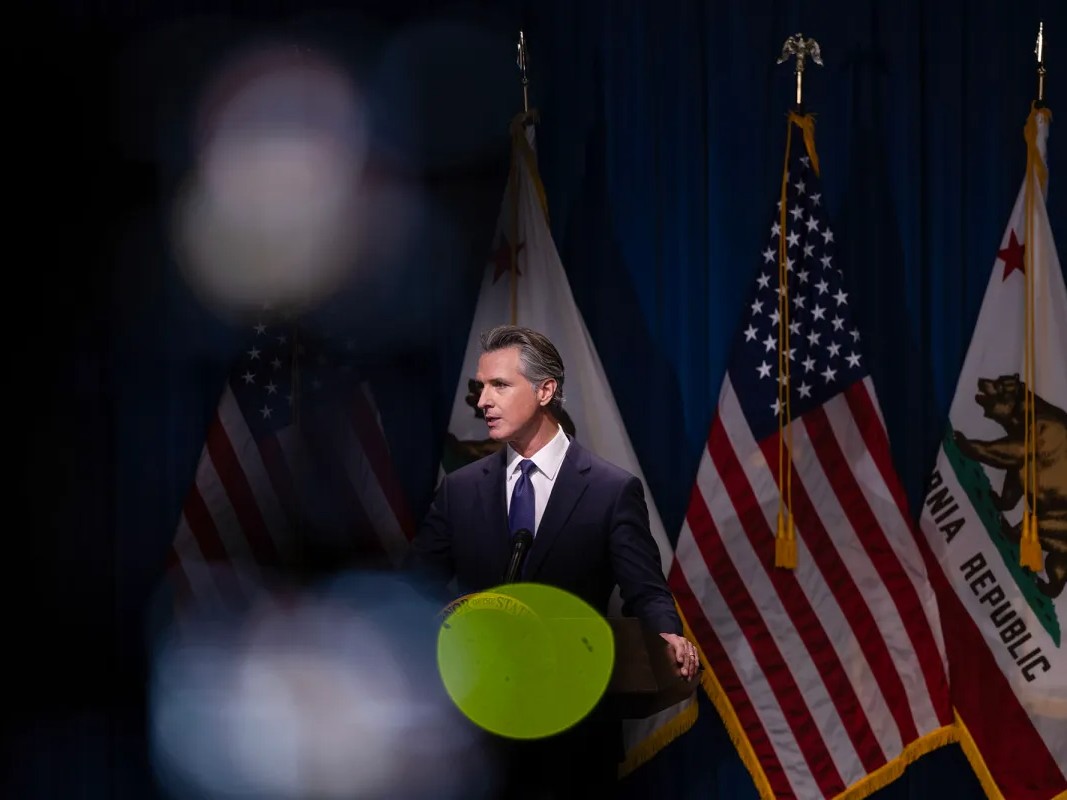 Gov. Gavin Newsom addresses the media during a press conference unveiling his 2024-25 January budget proposal at the Secretary of State Auditorium in Sacramento on Jan. 10, 2024.