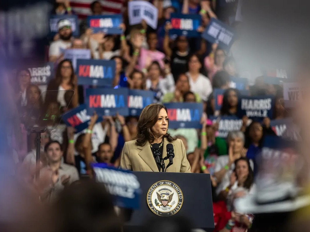 Vice President Kamala Harris speaks to the crowd during her presidential campaign rally at the Desert Diamond Arena in Glendale, Ariz., on Aug. 9, 2024.