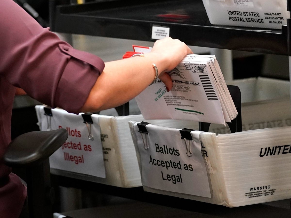 An election worker sorts vote-by-mail ballots at the Miami-Dade County Board of Elections, Monday, Oct. 26, 2020, in Doral, Fla.