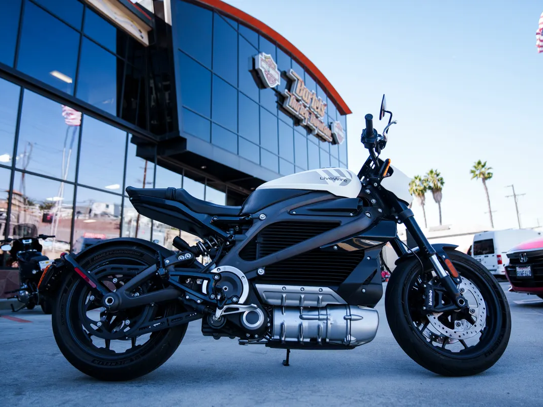 A LiveWire electric motorcycle in front of Bartels' Harley-Davidson in Marina del Rey.