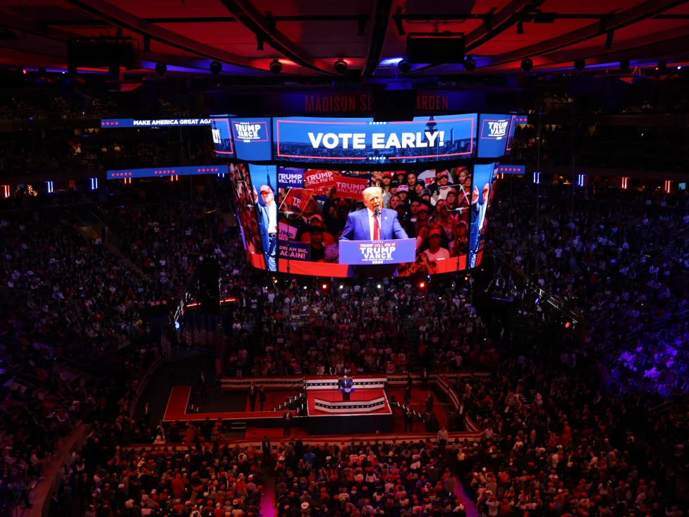 Republican presidential nominee, former U.S. President Donald Trump speaks at a campaign rally at Madison Square Garden on Oct. 27, 2024 in New York City.