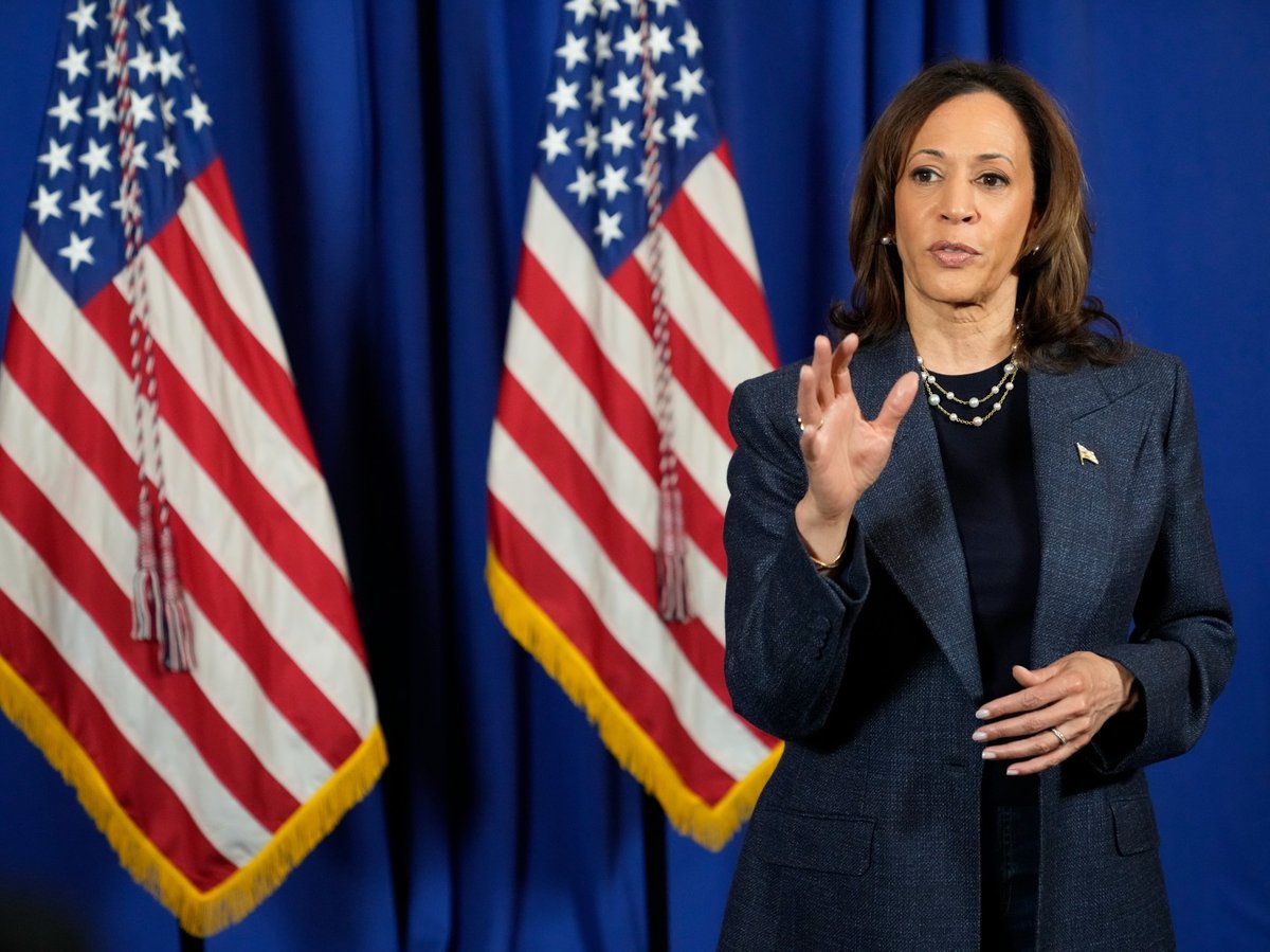 Democratic presidential nominee Vice President Kamala Harris speaks to reporters after delivering remarks at a church service at Greater Emmanuel Institutional Church of God in Christ, Sunday, Nov. 3, 2024, in Detroit.