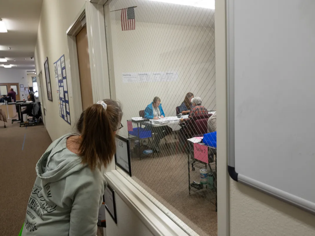 An election observer watches as workers process ballots at the Shasta County Clerk Registrar of Voters office in Redding on Oct. 30, 2024.