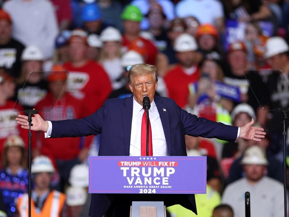 Former President Donald Trump speaks during his penultimate campaign rally the day before the 2024 election in Pittsburgh, Pa. on Nov. 4.