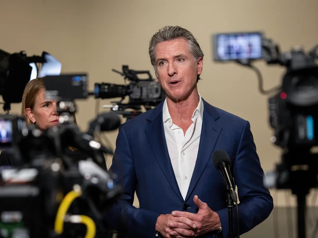 Gov. Gavin Newsom holds a press conference to announce the expansion of the state's film tax credit program, in Los Angeles, on Oct. 27, 2024.