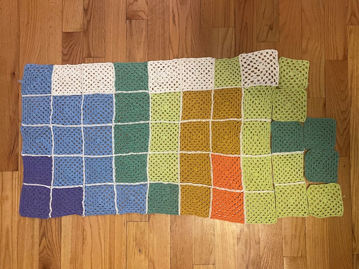 Crochet granny squares representing January through October average temperatures in Sacramento, produced as part of CapRadio's temperature blanket.