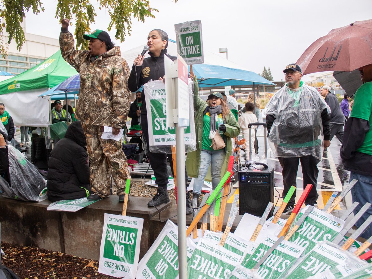 Natasha Booker (left), an environmental services employee for UC Davis, and California State Senator Aisha Wahab at a strike outside of UC Davis Medical Center on Wednesday, Nov. 20, 2024.