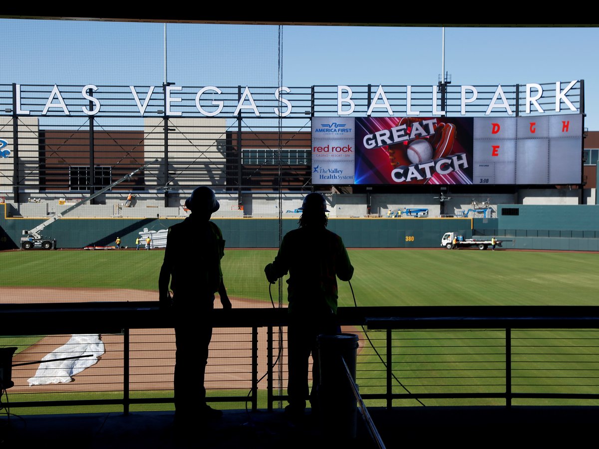Workers continue construction on a new baseball park in Las Vegas, March 28, 2019.
