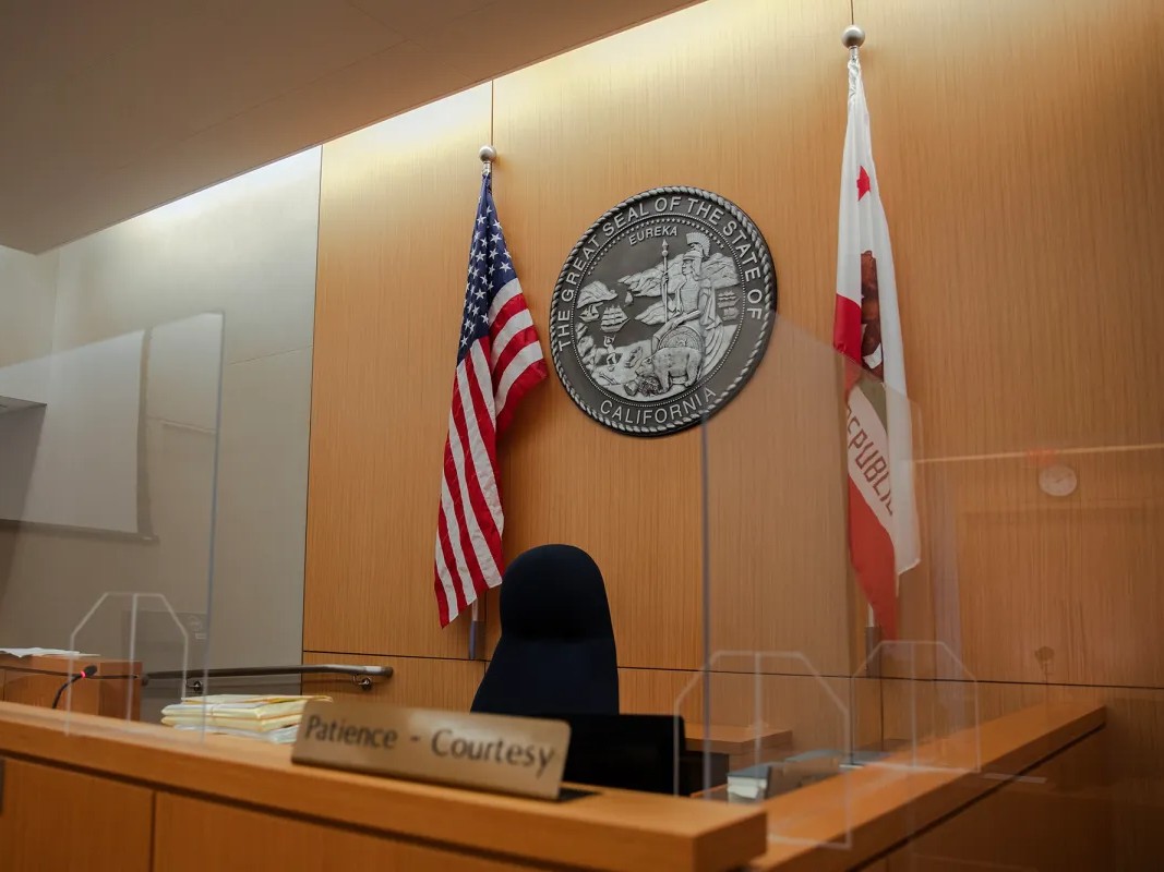 A new lawsuit alleges the state illegally miscalculated raises for California judges over the past eight years. Here, a courtroom at the San Diego County Superior Court awaits a judge on Oct. 9, 2023.