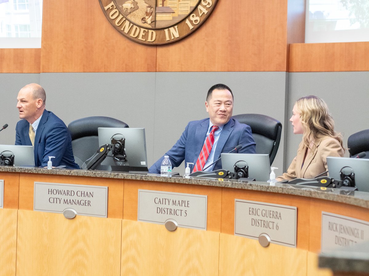 City Manager Howard Chan (right) sits at the dais next to Mayor Kevin McCarty (left) and Councilmember Caity Maple Tuesday, Dec. 10, 2024, at Sacramento City hall.