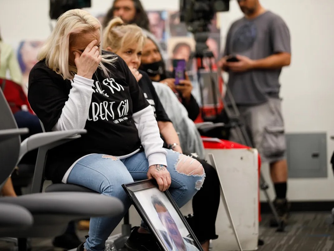 Jennifer Schmidt reacts during a listening session hosted by the In-Custody Death Review Division with the Board of State and Community Corrections in Escondido on Dec. 14, 2024. Schmidt’s father, Gilbert Gil, died in Vista jail in 2022.