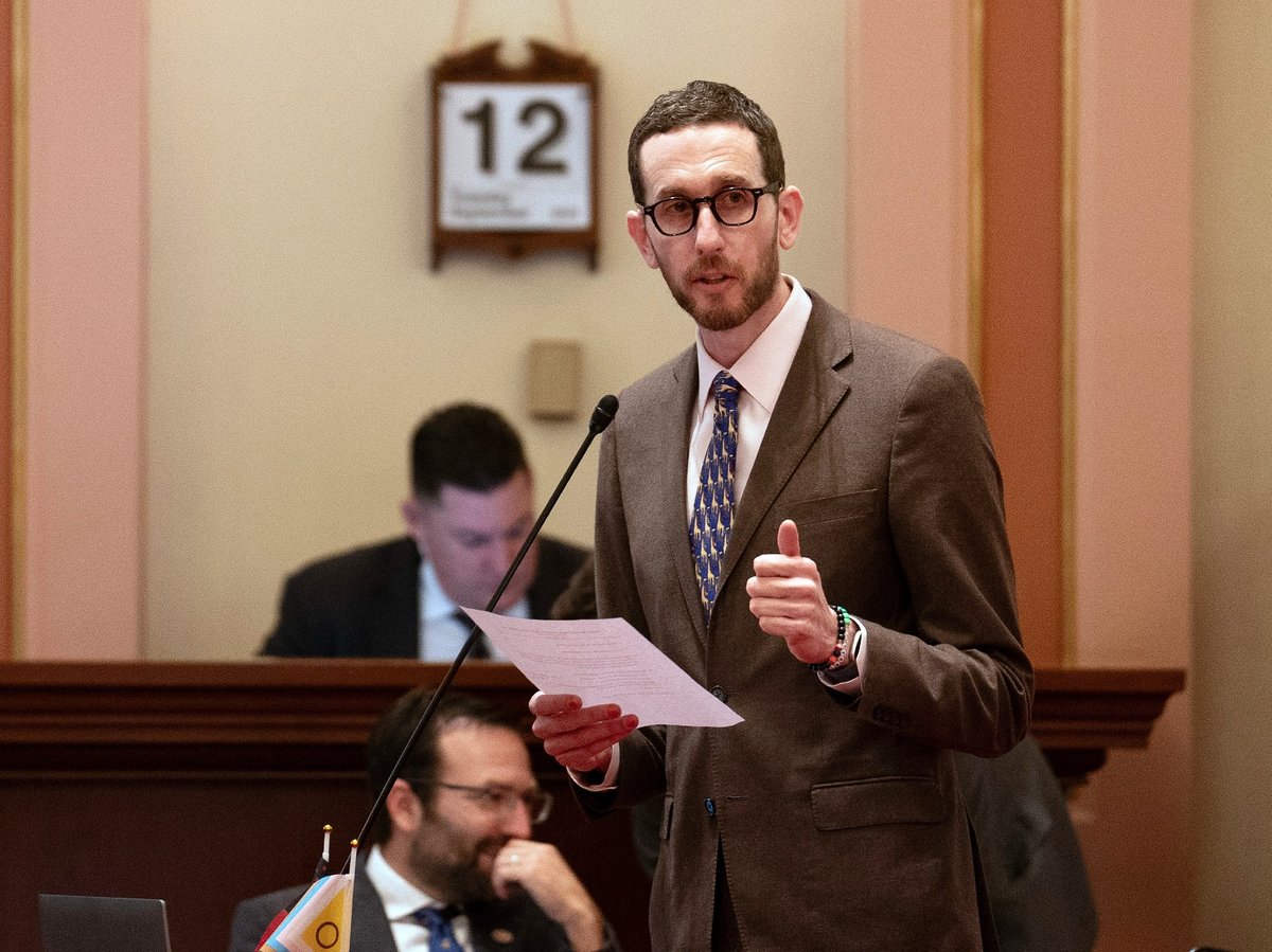 State Sen. Scott Wiener, D-San Francisco, calls for passage of his climate bill during the Senate session at the Capitol in Sacramento, Calif., Tuesday, Sept. 12, 2023.