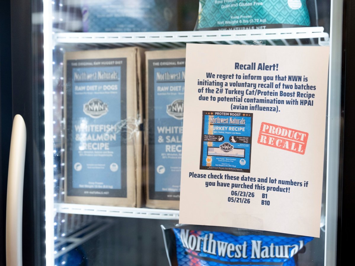 A recall alert is displayed on a refrigerator at a pet store after Northwest Naturals issued a voluntary recall on two batches of their 2-pound Feline Turkey Recipe raw frozen pet food on Thursday, Dec. 26, 2024, in Tigard, Ore.