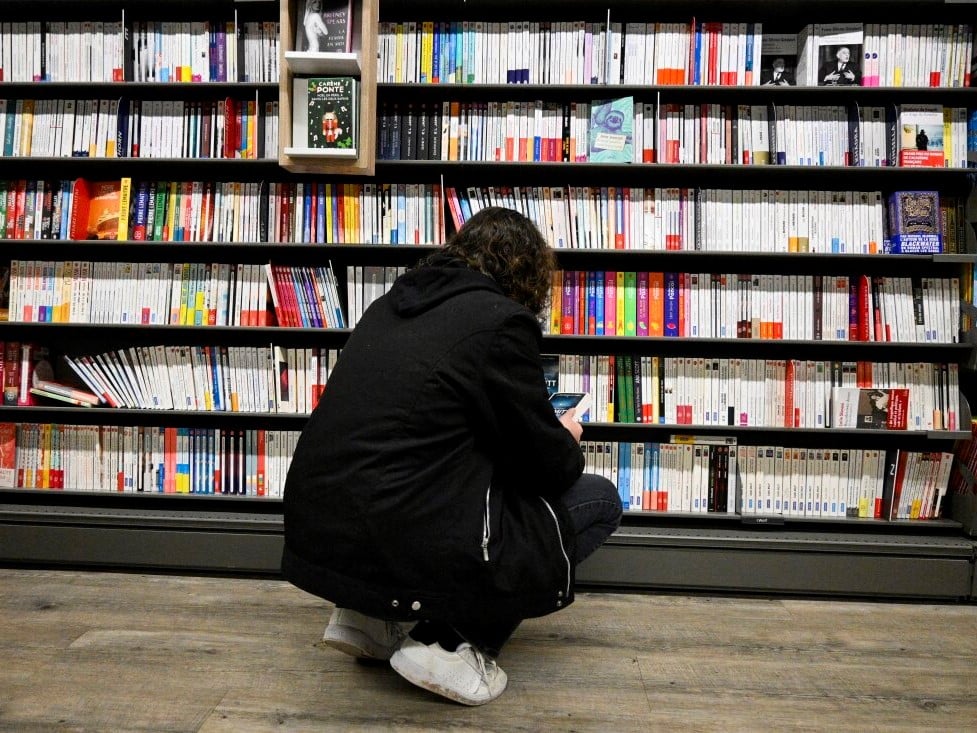 A woman looks at books in a library in 2024.