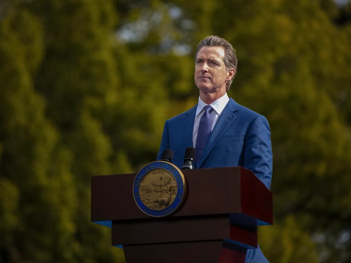 Gov. Gavin Newsom addresses attendees during his inauguration for a second term at the Plaza de California in Sacramento on Jan. 6, 2023.