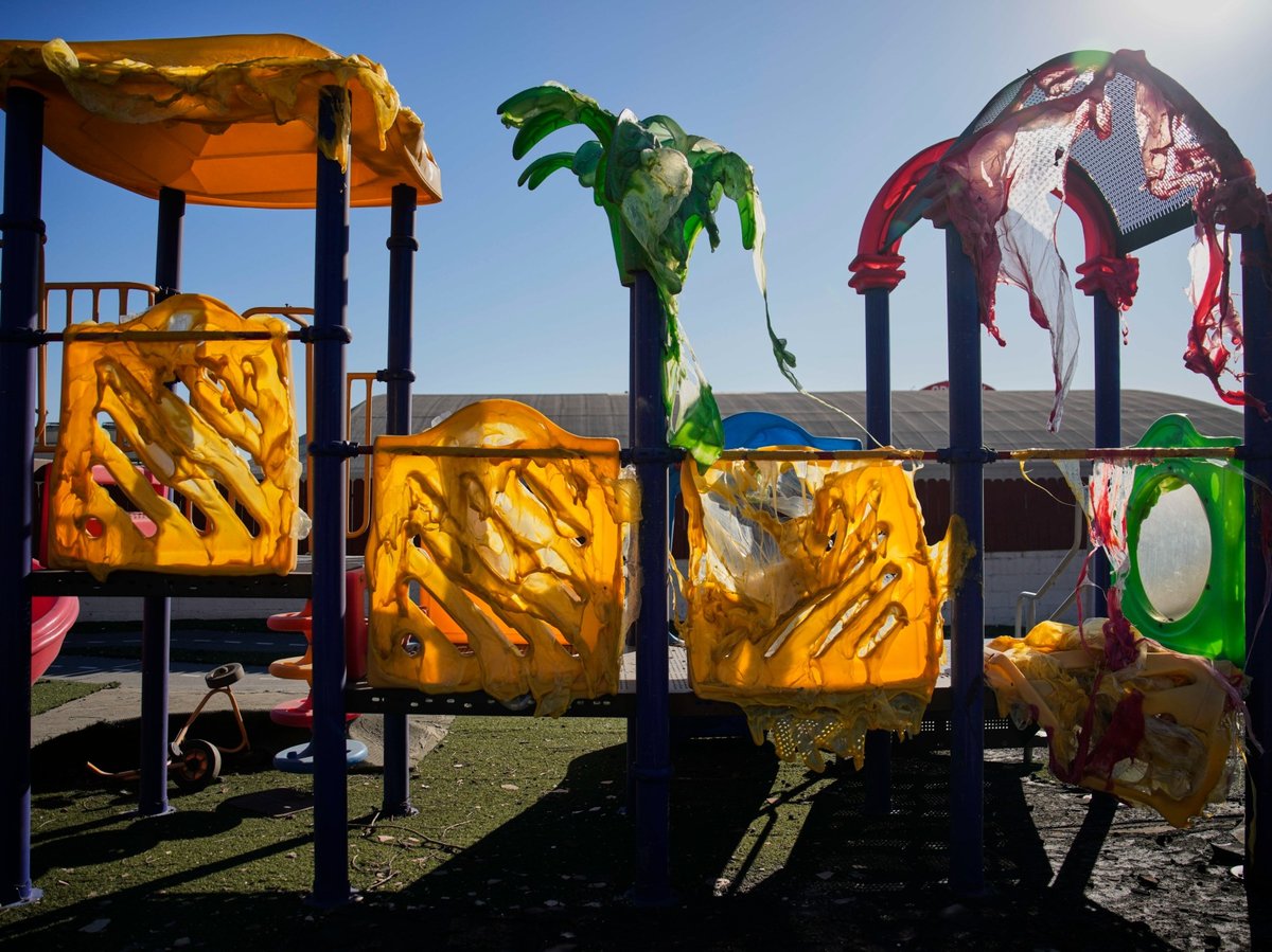 A jungle gym melted and destroyed by the Eaton Fire is seen at a school, Jan. 15, 2025, in Altadena, Calif.