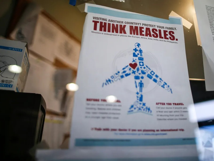 A measles poster at the Venice Family Clinic in Los Angeles on Feb. 5, 2015.