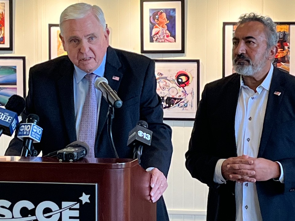 Democratic Congressman Ami Bera and Sacramento County Schools Superintendent Dave Gordon speak out against Trumps federal funding cuts that could impact local school programs at a press conference at Leo A. Palmiter Jr./Sr. High School.