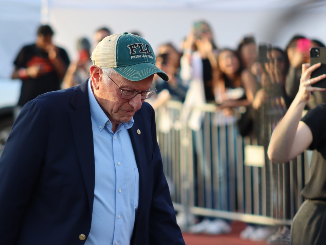 Senator Bernie Sanders walks up to address the crowd at the “Fighting Oligarchy” tour stop in Folsom on Tuesday, April 15, 2025.